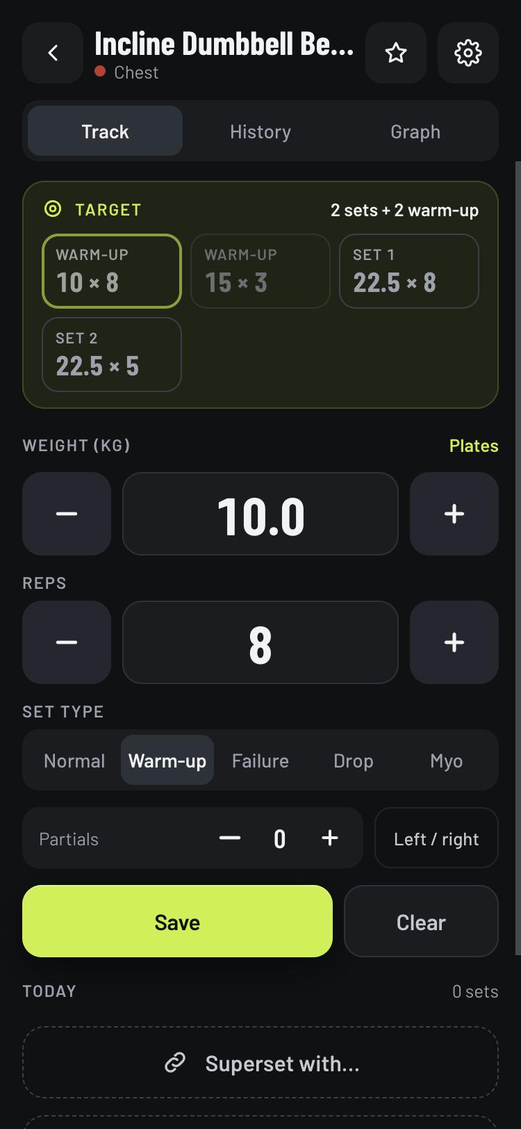 Logging a set: target chips, weight and reps steppers, set types